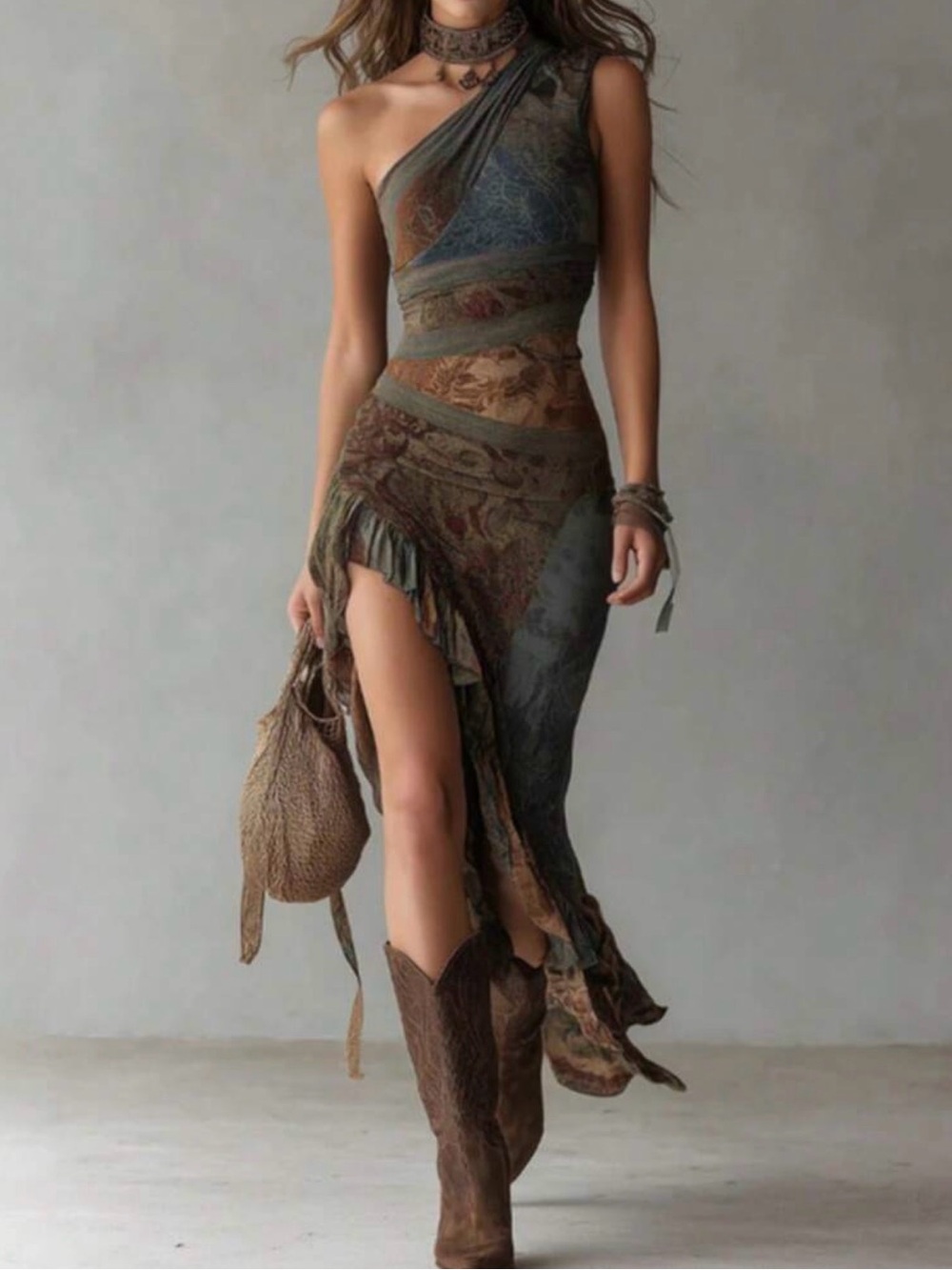 Asymmetric One-Shoulder Boho Maxi Dress in Olive Brown
